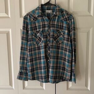 Wrangler Wrancher mens plaid flannel pearl snap two pocket shirt brown tan blue